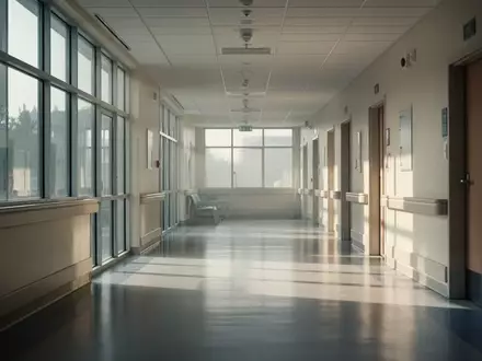 Ein leerer, sonnendurchfluteter Krankenhausflur mit moderner Architektur und klaren Linien. - Foto: über boerse-global.de