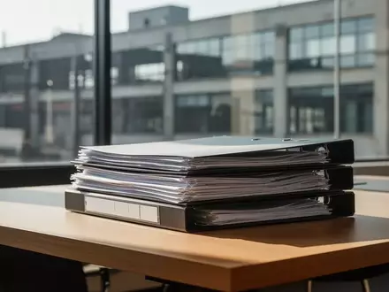 Leere Aktenordner auf einem Schreibtisch vor einem unscharfen Hintergrund moderner Industriebauten. - Foto: über boerse-global.de