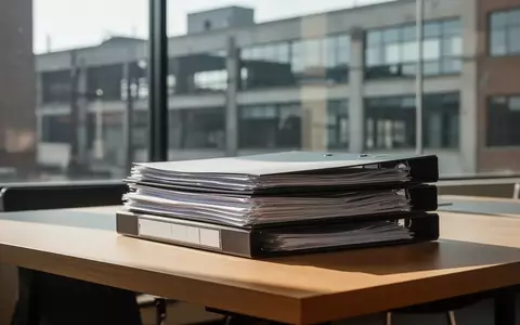 Leere Aktenordner auf einem Schreibtisch vor einem unscharfen Hintergrund moderner Industriebauten. - Foto: über boerse-global.de
