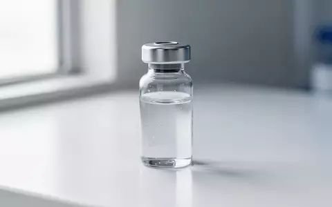 Ein steriles Laborglas mit einer Flüssigkeitsprobe auf einer weißen, reflektierenden Oberfläche in einem klinischen Umfeld. - Foto: über boerse-global.de