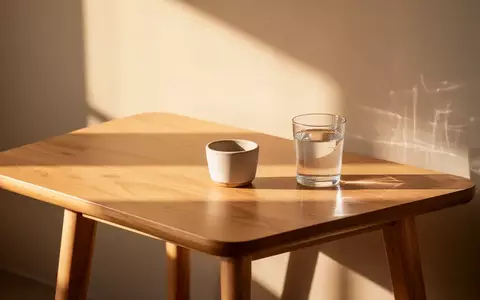 Ein minimalistischer Holztisch mit einem leeren Blumentopf und einem Glas Wasser in sanftem Morgenlicht. - Foto: über boerse-global.de