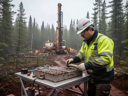 Geologe untersucht Gesteinsproben auf einer Goldminen-Explorationsstätte im Wald. - Foto: über boerse-global.de