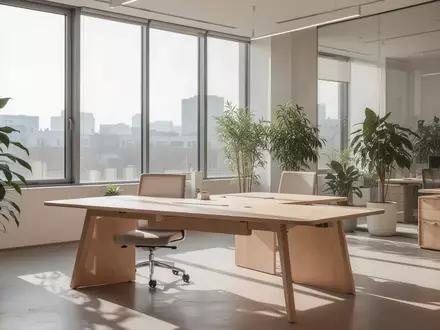 Heller, minimalistischer Büroarbeitsplatz mit großen Fenstern, Zimmerpflanzen und sanftem Lichteinfall. - Foto: über boerse-global.de