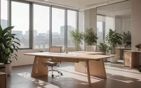 Heller, minimalistischer Büroarbeitsplatz mit großen Fenstern, Zimmerpflanzen und sanftem Lichteinfall. - Foto: über boerse-global.de