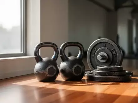 Kettlebells und Hantelscheiben in einem hellen, minimalistischen Trainingsraum bei natürlichem Lichteinfall. - Foto: über boerse-global.de