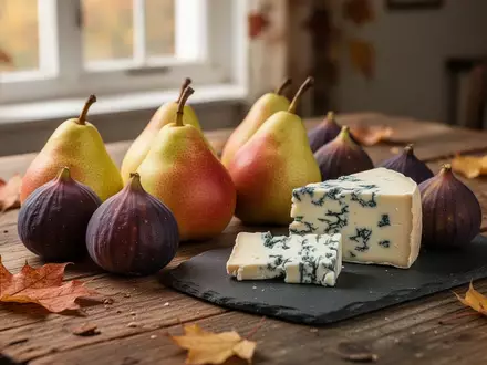 Herbstliche Komposition aus Birnen, Feigen und Blauschimmelkäse auf einem rustikalen Holztisch. - Foto: über boerse-global.de