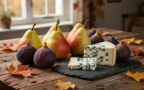 Herbstliche Komposition aus Birnen, Feigen und Blauschimmelkäse auf einem rustikalen Holztisch. - Foto: über boerse-global.de