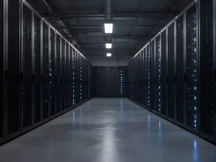 Dunkler Serverraum mit unbeschrifteten Serverschränken und blauen Statusleuchten in einer modernen Industrieumgebung. - Foto: über boerse-global.de