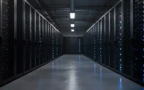 Dunkler Serverraum mit unbeschrifteten Serverschränken und blauen Statusleuchten in einer modernen Industrieumgebung. - Foto: über boerse-global.de