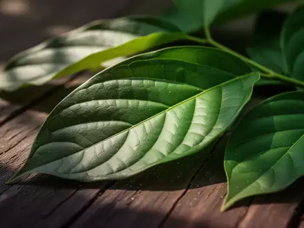 Nahaufnahme von frischen, grünen Kratom-Blättern auf einer dunklen Holzoberfläche in natürlichem Licht. - Foto: über boerse-global.de