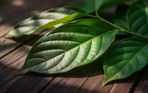 Nahaufnahme von frischen, grünen Kratom-Blättern auf einer dunklen Holzoberfläche in natürlichem Licht. - Foto: über boerse-global.de