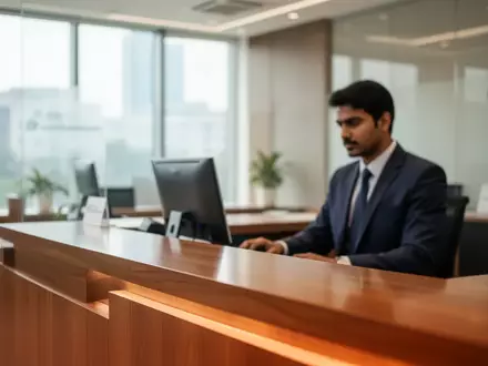 Ein moderner Schalterbereich in einer indischen Bankfiliale mit einem Mitarbeiter im Hintergrund. - Foto: über boerse-global.de