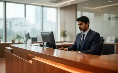 Ein moderner Schalterbereich in einer indischen Bankfiliale mit einem Mitarbeiter im Hintergrund. - Foto: über boerse-global.de