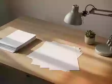 Ein aufgeräumter, minimalistischer Schreibtisch mit weißem Papier und einer Schreibtischlampe in natürlichem Licht. - Foto: über boerse-global.de