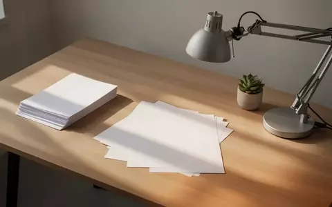 Ein aufgeräumter, minimalistischer Schreibtisch mit weißem Papier und einer Schreibtischlampe in natürlichem Licht. - Foto: über boerse-global.de