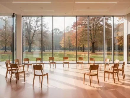 Ein heller, minimalistischer Gemeinschaftsraum mit bodentiefen Fenstern, Holzboden und einigen im Halbkreis aufgestellten Stühlen. - Foto: über boerse-global.de