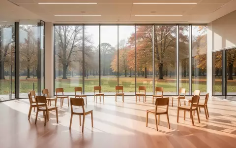 Ein heller, minimalistischer Gemeinschaftsraum mit bodentiefen Fenstern, Holzboden und einigen im Halbkreis aufgestellten Stühlen. - Foto: über boerse-global.de