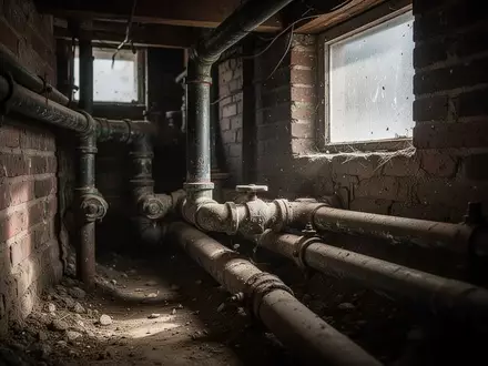 Alte Wasserleitungen in einem dunklen Kellerraum eines denkmalgeschützten Wohnhauses. - Foto: über boerse-global.de