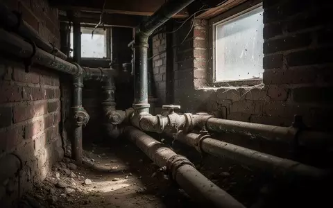Alte Wasserleitungen in einem dunklen Kellerraum eines denkmalgeschützten Wohnhauses. - Foto: über boerse-global.de