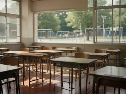 Ein leerer, sonnendurchfluteter Klassenraum mit Holztischen und Stühlen in einer Schule. - Foto: über boerse-global.de