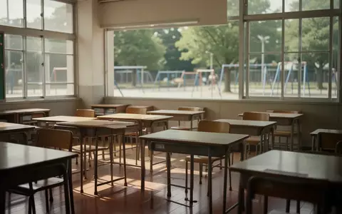 Ein leerer, sonnendurchfluteter Klassenraum mit Holztischen und Stühlen in einer Schule. - Foto: über boerse-global.de