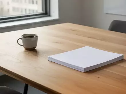 Ein minimalistischer Besprechungstisch aus hellem Holz mit einem Kaffeebecher und einem Stapel weißem Papier in natürlichem Licht. - Foto: über boerse-global.de