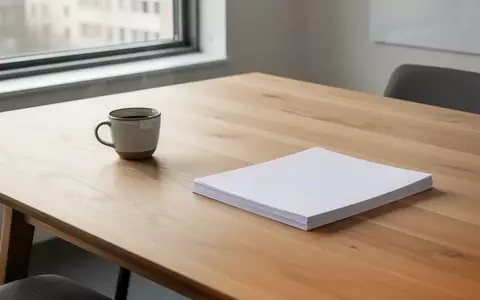 Ein minimalistischer Besprechungstisch aus hellem Holz mit einem Kaffeebecher und einem Stapel weißem Papier in natürlichem Licht. - Foto: über boerse-global.de