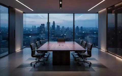 Ein minimalistischer, moderner Konferenzraum bei Dämmerung mit Blick auf eine verschwommene Stadtlandschaft. - Foto: über boerse-global.de
