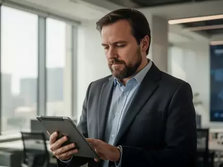 Charles Hoskinson in einem modernen Bürogebäude bei der Arbeit an einem Tablet. - Foto: über boerse-global.de