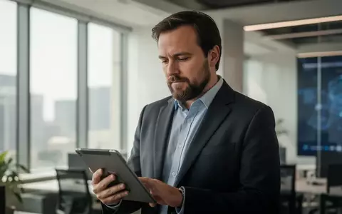 Charles Hoskinson in einem modernen Bürogebäude bei der Arbeit an einem Tablet. - Foto: über boerse-global.de