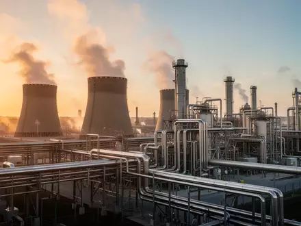 Moderne industrielle Zuckerverarbeitungsanlage bei Sonnenuntergang mit dampfenden Kühltürmen und komplexen Rohrleitungen. - Foto: über boerse-global.de