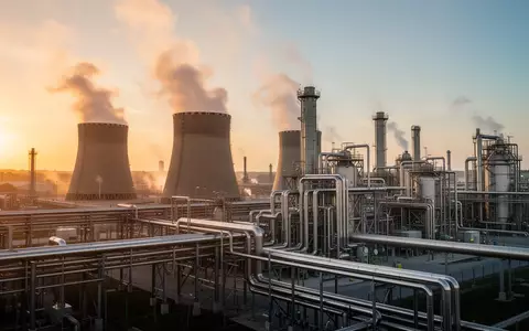 Moderne industrielle Zuckerverarbeitungsanlage bei Sonnenuntergang mit dampfenden Kühltürmen und komplexen Rohrleitungen. - Foto: über boerse-global.de
