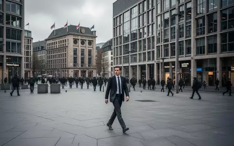 Ein Geschäftsmann geht über einen grauen Platz im Frankfurter Finanzviertel bei bewölktem Himmel. - Foto: über boerse-global.de