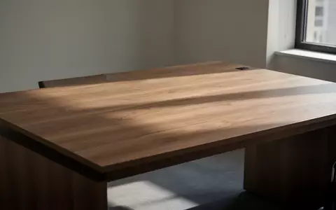 Ein minimalistischer, leerer Schreibtisch aus Holz in einem sonnendurchfluteten Raum, der eine ruhige und sachliche Atmosphäre vermittelt. - Foto: über boerse-global.de