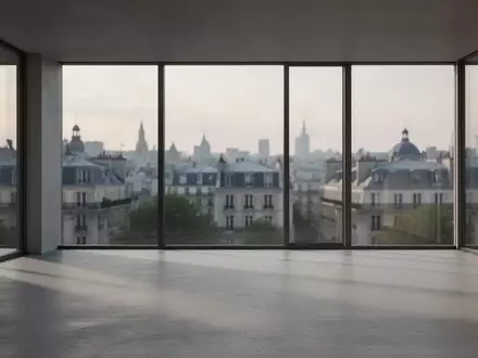 Ein minimalistischer, leerer Innenraum mit großen Fenstern und Blick auf eine europäische Stadt bei Dämmerung. - Foto: über boerse-global.de