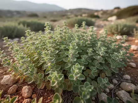 Nahaufnahme von wild wachsenden Izmir-Thymian-Pflanzen in einer sonnigen, trockenen Landschaft. - Foto: über boerse-global.de