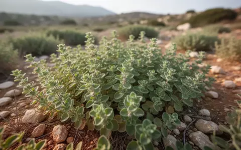 Nahaufnahme von wild wachsenden Izmir-Thymian-Pflanzen in einer sonnigen, trockenen Landschaft. - Foto: über boerse-global.de
