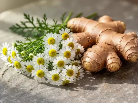 Frische Mutterkraut-Blüten und eine Ingwerwurzel auf einer steinernen Oberfläche in natürlichem Licht. - Foto: über boerse-global.de