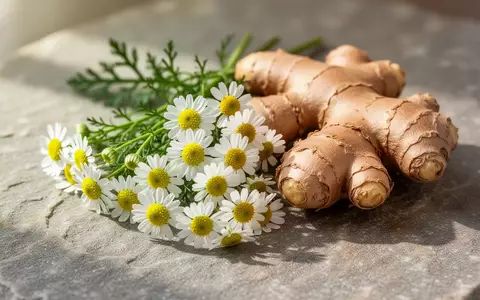 Frische Mutterkraut-Blüten und eine Ingwerwurzel auf einer steinernen Oberfläche in natürlichem Licht. - Foto: über boerse-global.de