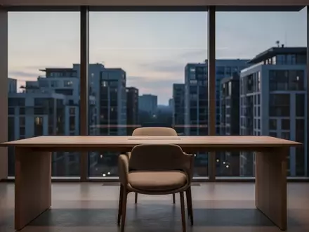 Ein minimalistisch gestalteter, ruhiger Büroraum mit einem leeren Schreibtisch und Blick auf eine Stadt bei Dämmerung. - Foto: über boerse-global.de