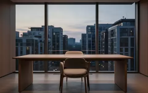 Ein minimalistisch gestalteter, ruhiger Büroraum mit einem leeren Schreibtisch und Blick auf eine Stadt bei Dämmerung. - Foto: über boerse-global.de