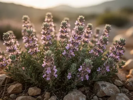 Nahaufnahme von wild wachsendem Thymian in einer trockenen, felsigen Landschaft bei goldenem Licht. - Foto: über boerse-global.de
