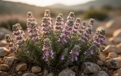 Nahaufnahme von wild wachsendem Thymian in einer trockenen, felsigen Landschaft bei goldenem Licht. - Foto: über boerse-global.de