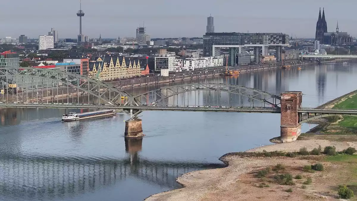 Das Niedrigwasser des Rheins hat in Köln einen neuen historischen Tiefststand erreicht. - Bild: Sascha Thelen/dpa
