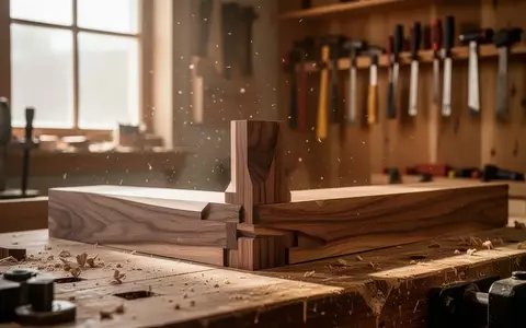Nahaufnahme einer handgefertigten Holzverbindung in einer professionellen Werkstatt mit Werkzeugen im Hintergrund. - Foto: über boerse-global.de