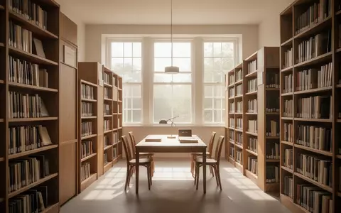 Helle, ruhige Bibliothek mit Holzregalen und Lichteinfall durch große Fenster - Foto: über boerse-global.de