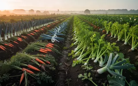 Weite, sonnendurchflutete Felder mit frischem Biogemüse wie Karotten und Lauch in natürlicher Umgebung. - Foto: über boerse-global.de