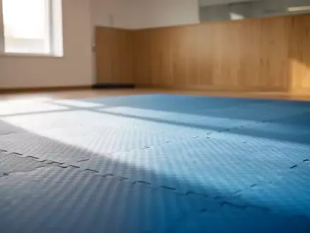 Eine leere, strukturierte Taekwondo-Matte in einer hellen, minimalistischen Trainingshalle mit natürlichem Licht. - Foto: über boerse-global.de