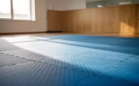 Eine leere, strukturierte Taekwondo-Matte in einer hellen, minimalistischen Trainingshalle mit natürlichem Licht. - Foto: über boerse-global.de