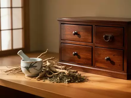 Traditionelle hölzerne Apothekenschubladen mit getrockneten Heilkräutern und einem Mörser in einer ruhigen, hellen Umgebung. - Foto: über boerse-global.de